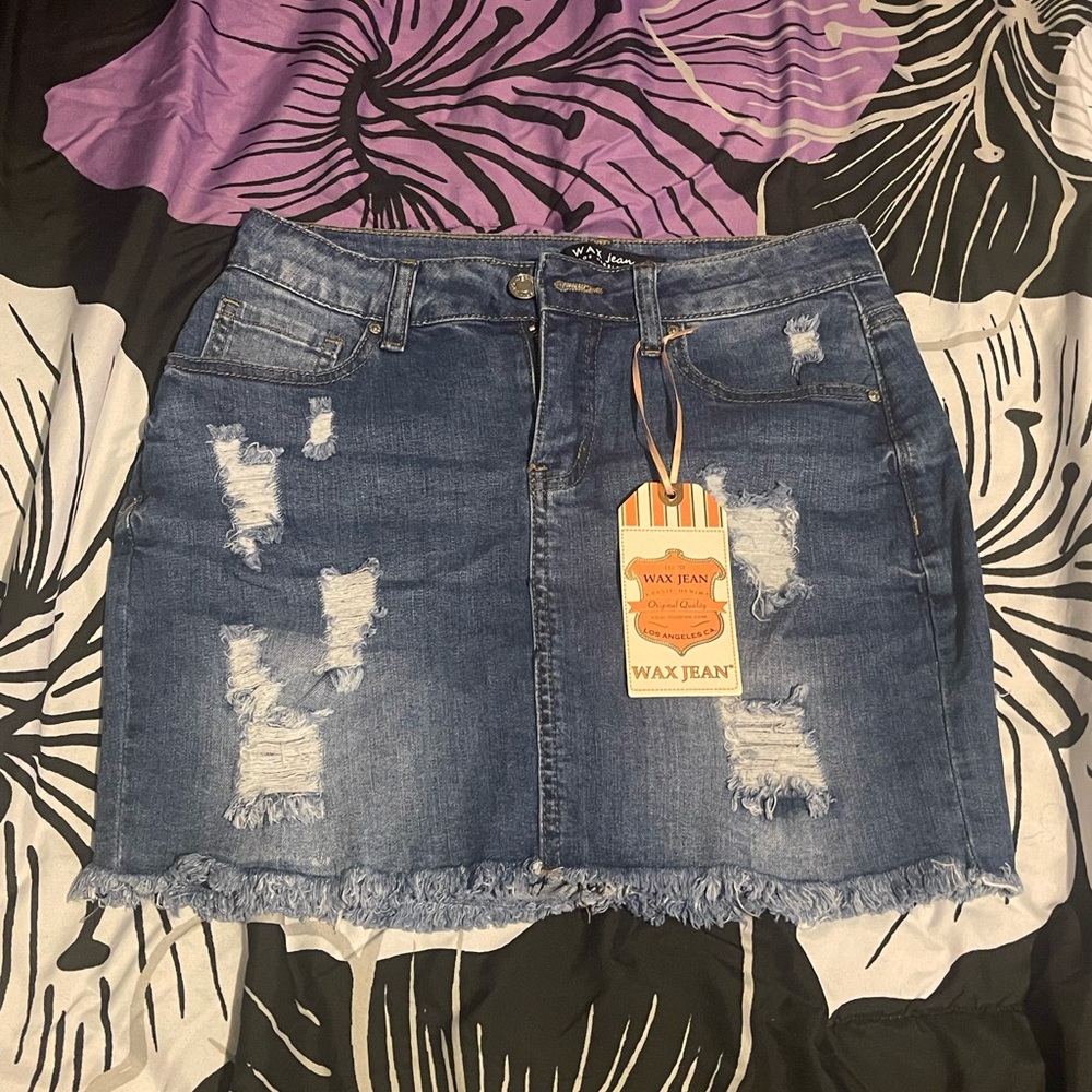 Wax Jean Distressed Dark Blue Denim Mini Skirt, Small